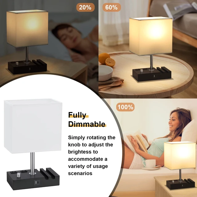 Alt view image 2 of 6 - White Table Lamp for Bedroom - Stepless Dimmable, USB C+A, 2 AC Outlets Dimming By Rotary Knob, USB C+A Ports, 2 Phone Stands, LED Bulbs Included, Rectangle White Lampshade, for Living Room, Desk