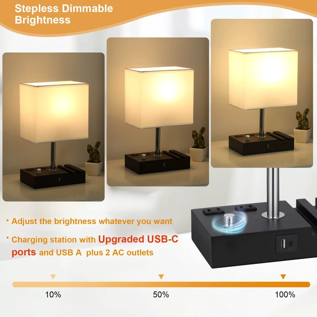Alt view image 3 of 6 - White Table Lamp for Bedroom - Stepless Dimmable, USB C+A, 2 AC Outlets Dimming By Rotary Knob, USB C+A Ports, 2 Phone Stands, LED Bulbs Included, Rectangle White Lampshade, for Living Room, Desk