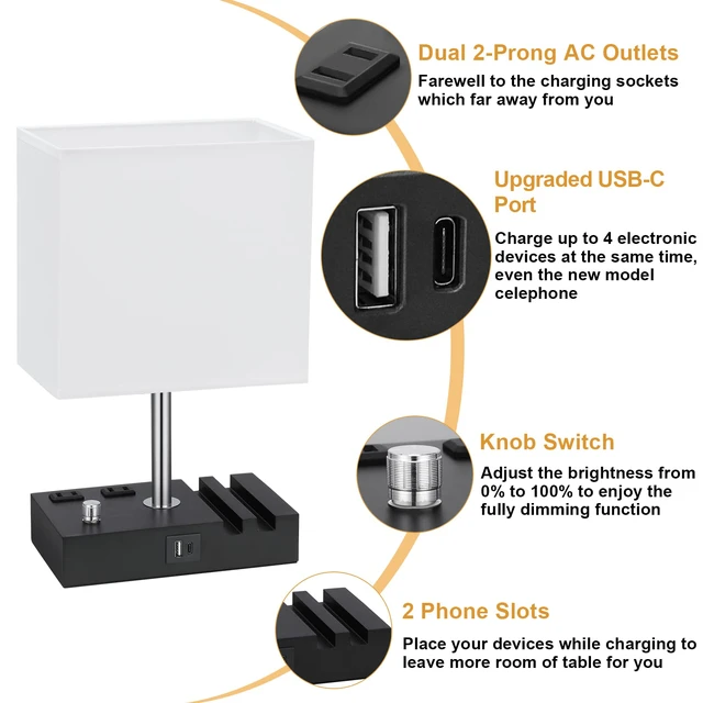 Alt view image 4 of 6 - White Table Lamp for Bedroom - Stepless Dimmable, USB C+A, 2 AC Outlets Dimming By Rotary Knob, USB C+A Ports, 2 Phone Stands, LED Bulbs Included, Rectangle White Lampshade, for Living Room, Desk