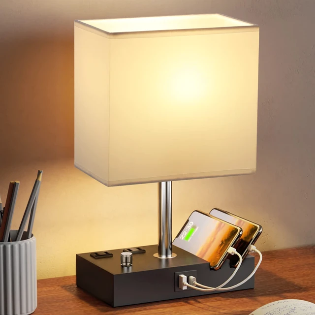 Alt view image 6 of 6 - White Table Lamp for Bedroom - Stepless Dimmable, USB C+A, 2 AC Outlets Dimming By Rotary Knob, USB C+A Ports, 2 Phone Stands, LED Bulbs Included, Rectangle White Lampshade, for Living Room, Desk
