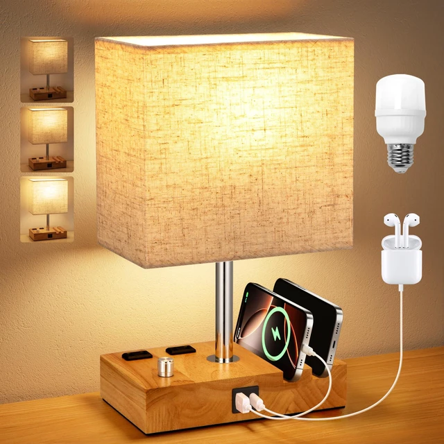 Main image of Wood Grain Table Lamp for Bedroom, Stepless Dimmable, USB C+A, 2 AC Outlets Dimming By Rotary Knob, USB C+A Ports, 2 Phone Stands, LED Bulbs Included, Rectangle Beige Lampshade, for Living Room, Desk