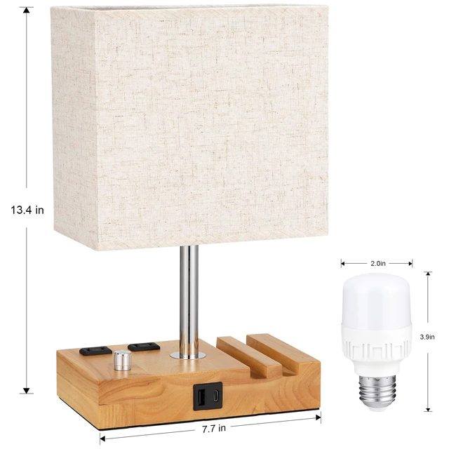 Alt view image 2 of 6 - Wood Grain Table Lamp for Bedroom, Stepless Dimmable, USB C+A, 2 AC Outlets Dimming By Rotary Knob, USB C+A Ports, 2 Phone Stands, LED Bulbs Included, Rectangle Beige Lampshade, for Living Room, Desk