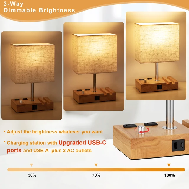 Alt view image 3 of 6 - Wood Grain Table Lamp for Bedroom, Stepless Dimmable, USB C+A, 2 AC Outlets Dimming By Rotary Knob, USB C+A Ports, 2 Phone Stands, LED Bulbs Included, Rectangle Beige Lampshade, for Living Room, Desk
