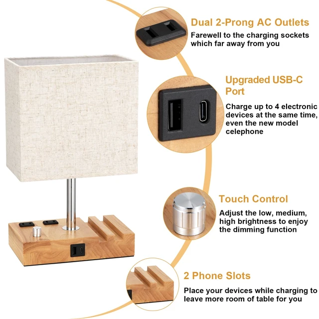 Alt view image 4 of 6 - Wood Grain Table Lamp for Bedroom, Stepless Dimmable, USB C+A, 2 AC Outlets Dimming By Rotary Knob, USB C+A Ports, 2 Phone Stands, LED Bulbs Included, Rectangle Beige Lampshade, for Living Room, Desk