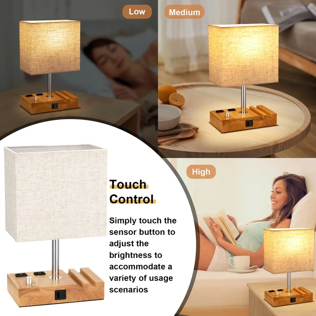Alt view image 5 of 6 - Wood Grain Table Lamp for Bedroom, Stepless Dimmable, USB C+A, 2 AC Outlets Dimming By Rotary Knob, USB C+A Ports, 2 Phone Stands, LED Bulbs Included, Rectangle Beige Lampshade, for Living Room, Desk