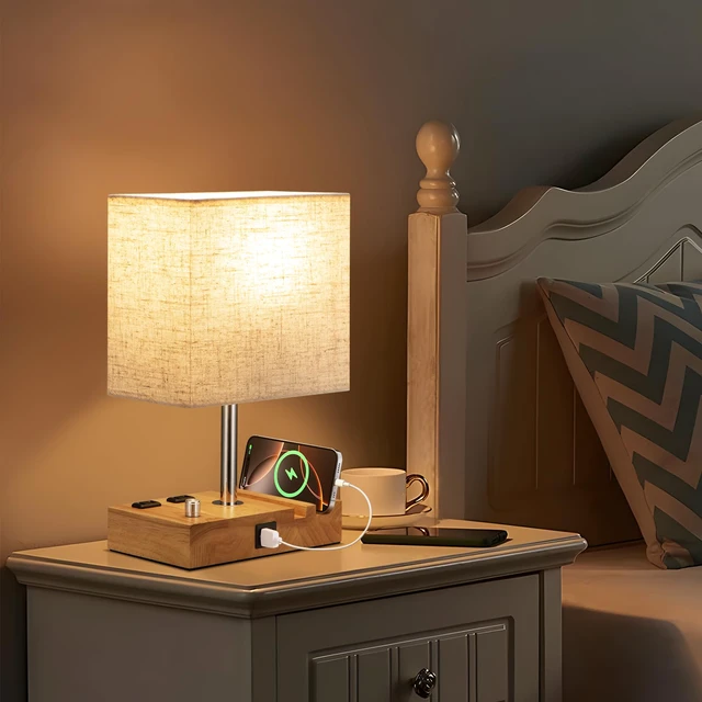 Alt view image 6 of 6 - Wood Grain Table Lamp for Bedroom, Stepless Dimmable, USB C+A, 2 AC Outlets Dimming By Rotary Knob, USB C+A Ports, 2 Phone Stands, LED Bulbs Included, Rectangle Beige Lampshade, for Living Room, Desk
