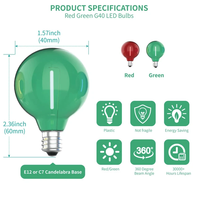 Alt view image 2 of 7 - 25 Pack G40 LED Outdoor String Light Replacement Bulbs, Red Green 1W 120V, E12 Base, Shatterproof & Waterproof, LED Small Globe Light Bulbs for Patio Backyard Garden Cafe Bistro Deck