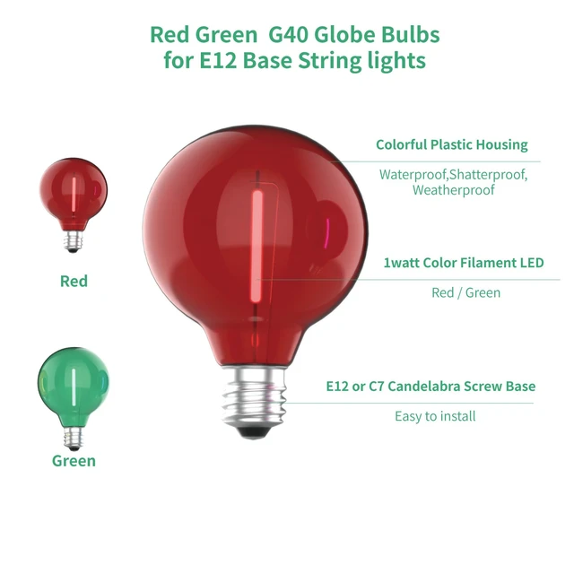 Alt view image 3 of 7 - 25 Pack G40 LED Outdoor String Light Replacement Bulbs, Red Green 1W 120V, E12 Base, Shatterproof & Waterproof, LED Small Globe Light Bulbs for Patio Backyard Garden Cafe Bistro Deck