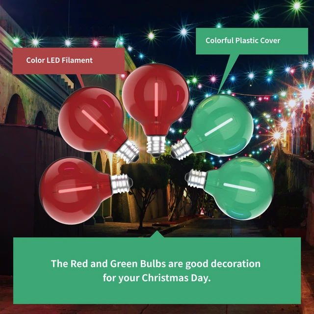 Alt view image 5 of 7 - 25 Pack G40 LED Outdoor String Light Replacement Bulbs, Red Green 1W 120V, E12 Base, Shatterproof & Waterproof, LED Small Globe Light Bulbs for Patio Backyard Garden Cafe Bistro Deck
