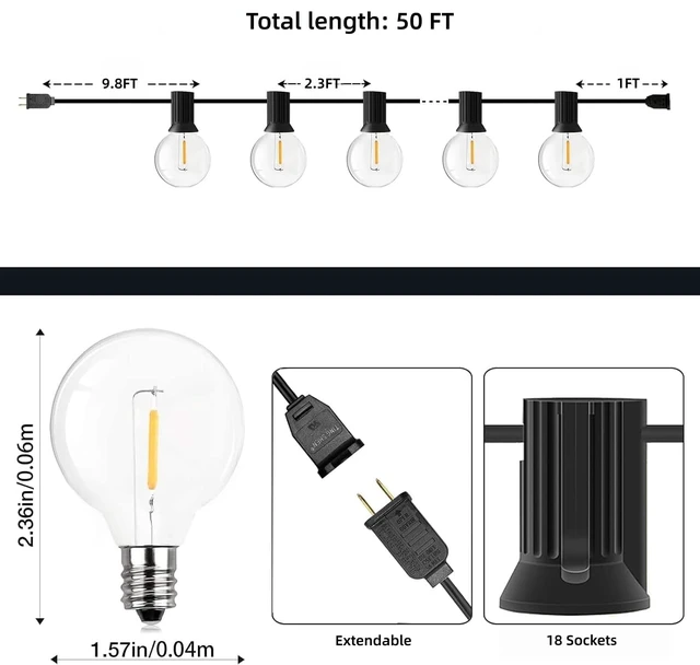 Alt view image 6 of 7 - Outdoor String Lights, 50FT G40 Bulbs Shatterproof Patio Lights, Waterproof Dimmable Hanging Outdoor Lights, Connectable LED Outside Lights for Backyard Yard Gazebo Porch Party
