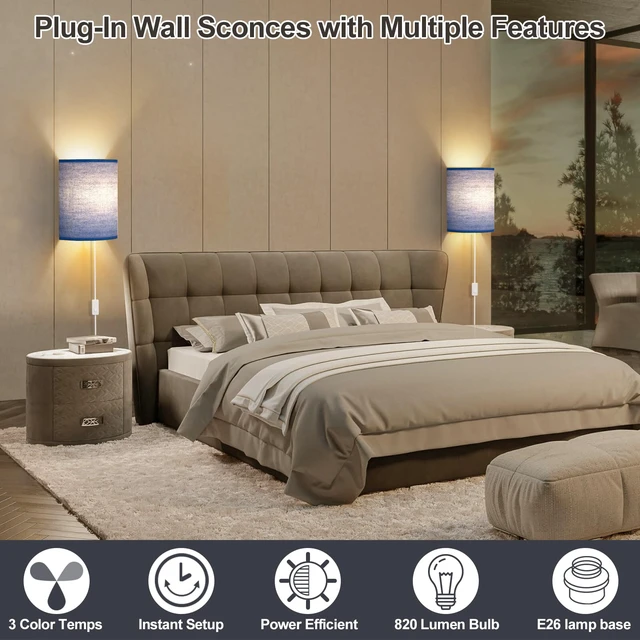 Alt view image 2 of 7 - Plug in Wall Sconces Set of Two Wall Lights with On/Off Switch Stepless Color Temperature Wall Lamps with Fabric Linen Shade for Bedroom Living Room & Hallway- Indoor Corded Wall Decor