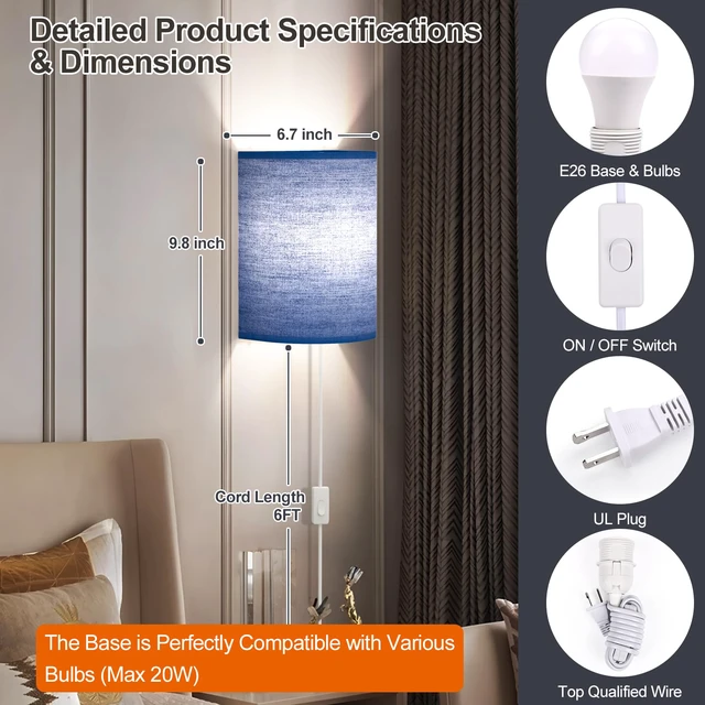 Alt view image 4 of 7 - Plug in Wall Sconces Set of Two Wall Lights with On/Off Switch Stepless Color Temperature Wall Lamps with Fabric Linen Shade for Bedroom Living Room & Hallway- Indoor Corded Wall Decor