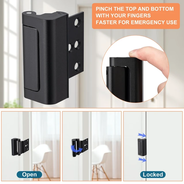 Alt view image 4 of 6 - 2 Pack Home Security Door Lock,with 3" Stop Withstand 800 lbs (Black) Childproof Door Reinforcement Lock,for Inward Swing Doors,Night Kids Safety Metal Flip Lock Deadbolt Latch