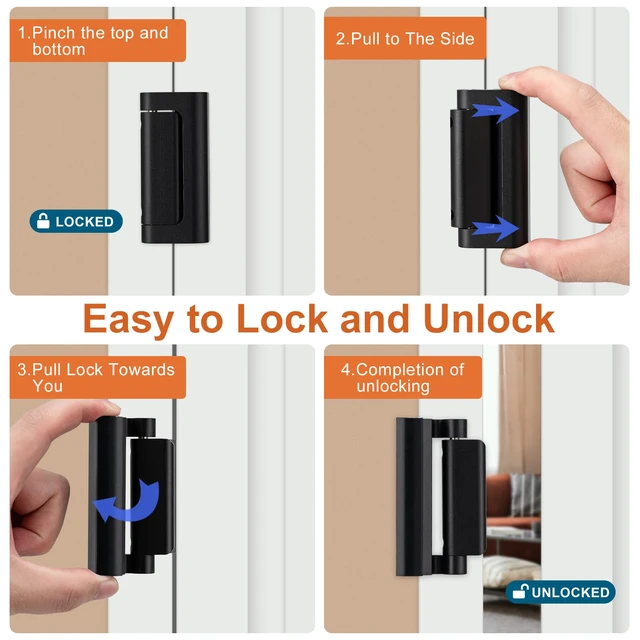 Alt view image 5 of 6 - 2 Pack Home Security Door Lock,with 3" Stop Withstand 800 lbs (Black) Childproof Door Reinforcement Lock,for Inward Swing Doors,Night Kids Safety Metal Flip Lock Deadbolt Latch