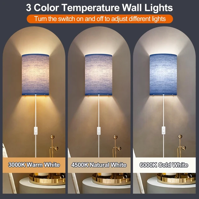 Alt view image 5 of 7 - Plug in Wall Sconces Set of Two Wall Lights with On/Off Switch Stepless Color Temperature Wall Lamps with Fabric Linen Shade for Bedroom Living Room & Hallway- Indoor Corded Wall Decor