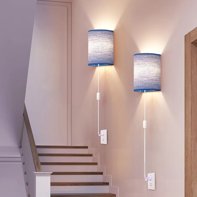 Alt view image 7 of 7 - Plug in Wall Sconces Set of Two Wall Lights with On/Off Switch Stepless Color Temperature Wall Lamps with Fabric Linen Shade for Bedroom Living Room & Hallway- Indoor Corded Wall Decor