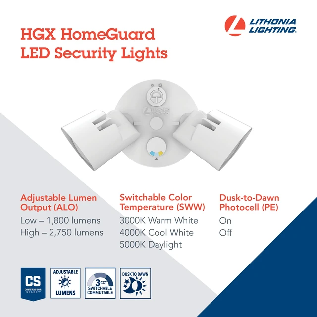 Alt view image 3 of 7 - HomeGuard 2-Light LED Outdoor Flood Lights, Outdoor LED Lights, Dusk to Dawn Sensor, Adjustable Lumens, Selectable Color, Round Heads, White (HGX LED 2RH ALO SWW2 120 PE WH M2)