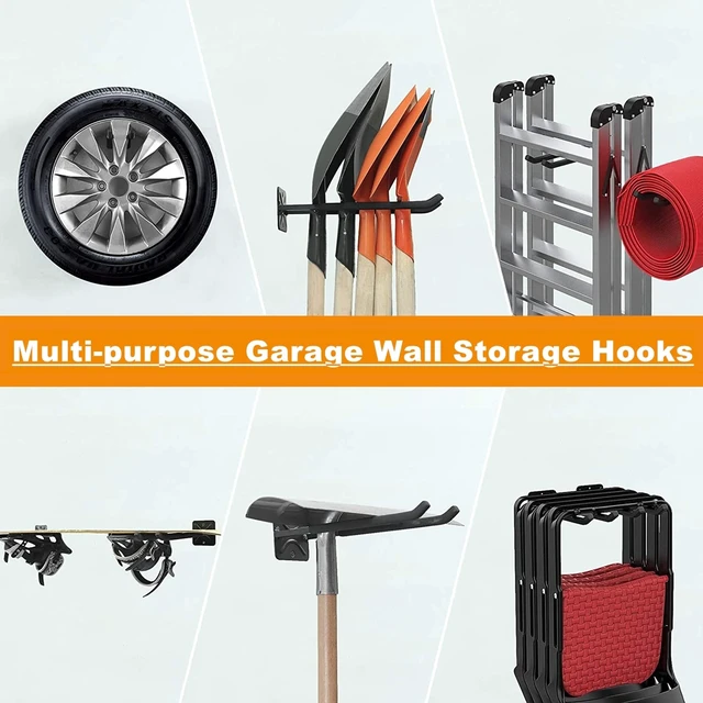 Alt view image 2 of 7 - 4-Pack Garage Storage System Hooks, Wall Mount Tool Organizer Heavy Duty, Chair Hanger Garage Storage Utility Hooks for Car Tires, Ladders, Chairs, Strollers, Power Tools, Garden Tools