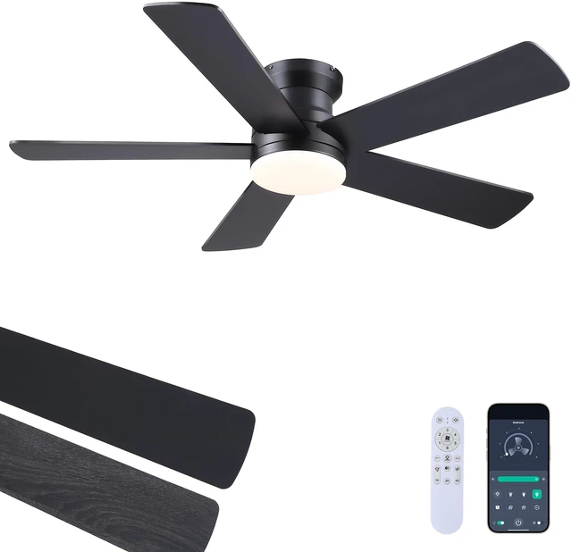 Main image of Ceiling Fans with Lights - 48" Black Flush Mount Ceiling Fan Light with 6 Speeds 3CCT Dimmable, Revesible Motor, Low Profile Fan Light for Modern Indoor Bedroom, Kitchen