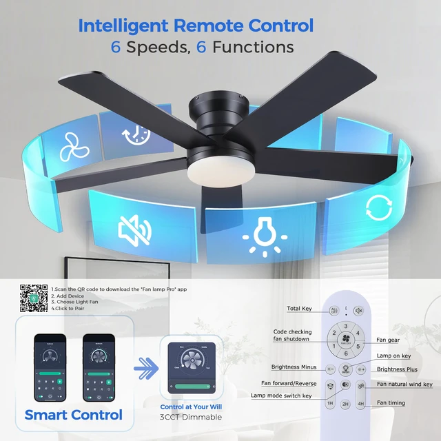 Alt view image 3 of 7 - Ceiling Fans with Lights - 48" Black Flush Mount Ceiling Fan Light with 6 Speeds 3CCT Dimmable, Revesible Motor, Low Profile Fan Light for Modern Indoor Bedroom, Kitchen