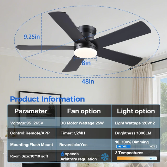 Alt view image 4 of 7 - Ceiling Fans with Lights - 48" Black Flush Mount Ceiling Fan Light with 6 Speeds 3CCT Dimmable, Revesible Motor, Low Profile Fan Light for Modern Indoor Bedroom, Kitchen