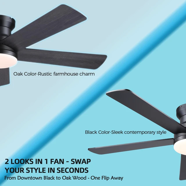 Alt view image 6 of 7 - Ceiling Fans with Lights - 48" Black Flush Mount Ceiling Fan Light with 6 Speeds 3CCT Dimmable, Revesible Motor, Low Profile Fan Light for Modern Indoor Bedroom, Kitchen