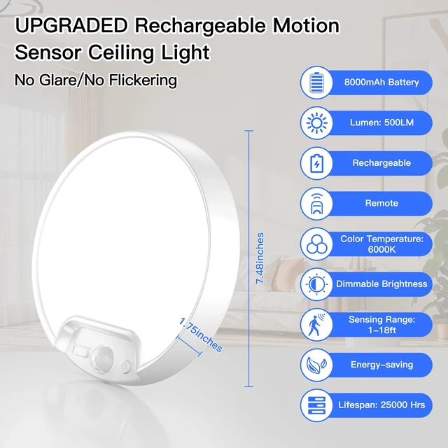 Alt view image 2 of 7 - 2 Pack Newly Upgraded 8000mAh Rechargeable Ceiling Light Motion Sensor, Battery-Operated Wireless Ceiling Light with Remote for Shower, Bathroom, Closet, Stairs, Shed, Hallway, Porch