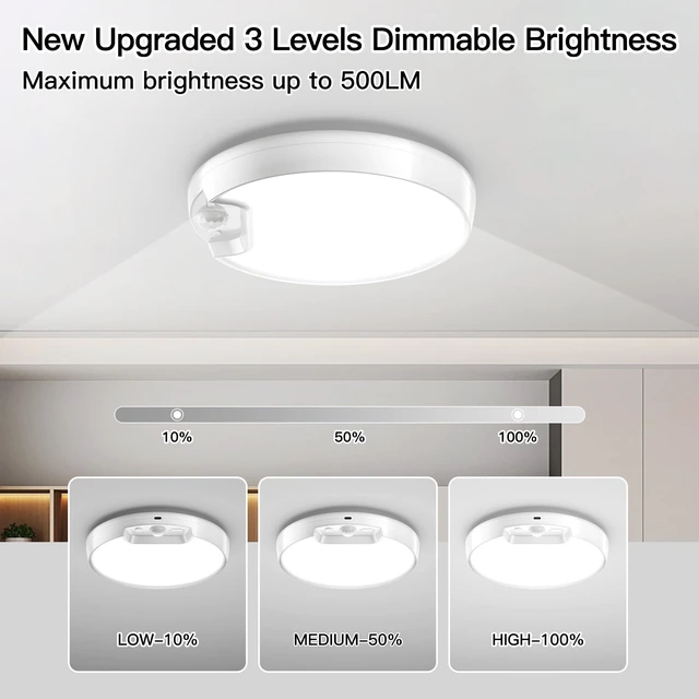 Alt view image 4 of 7 - 2 Pack Newly Upgraded 8000mAh Rechargeable Ceiling Light Motion Sensor, Battery-Operated Wireless Ceiling Light with Remote for Shower, Bathroom, Closet, Stairs, Shed, Hallway, Porch