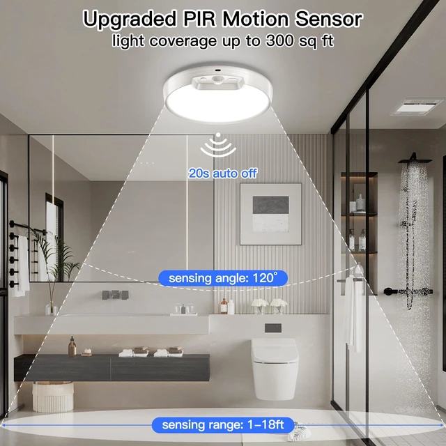 Alt view image 5 of 7 - 2 Pack Newly Upgraded 8000mAh Rechargeable Ceiling Light Motion Sensor, Battery-Operated Wireless Ceiling Light with Remote for Shower, Bathroom, Closet, Stairs, Shed, Hallway, Porch