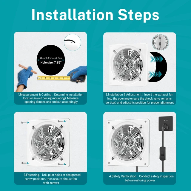 Alt view image 7 of 7 - 8 Inch Exhaust Fan, Kitchen Exhaust Fan With Switch 576CFM Wall Mounted, Extractor Ventilation Fan For Attic, Greenhouse, Basement, Shed, White