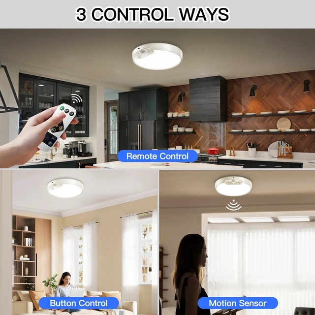 Alt view image 6 of 7 - 2 Pack Newly Upgraded 8000mAh Rechargeable Ceiling Light Motion Sensor, Battery-Operated Wireless Ceiling Light with Remote for Shower, Bathroom, Closet, Stairs, Shed, Hallway, Porch