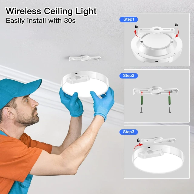 Alt view image 7 of 7 - 2 Pack Newly Upgraded 8000mAh Rechargeable Ceiling Light Motion Sensor, Battery-Operated Wireless Ceiling Light with Remote for Shower, Bathroom, Closet, Stairs, Shed, Hallway, Porch