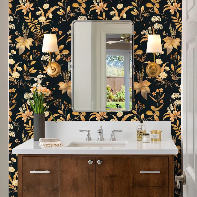 Main image of Vintage Floral Peel and Stick Wallpaper 17.3" x 480" Black Gold Botanical Contact Paper, Removable Wall Paper, Renter Friendly, for Cabinets, Furniture, DIY Decor