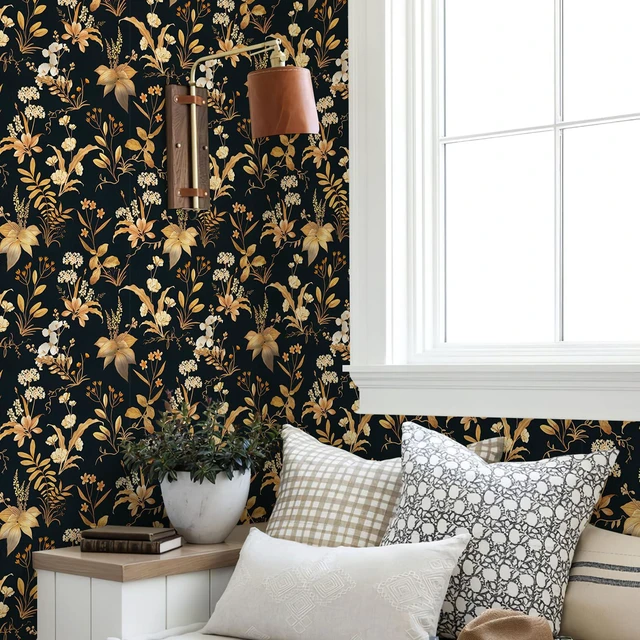 Alt view image 2 of 7 - Vintage Floral Peel and Stick Wallpaper 17.3" x 480" Black Gold Botanical Contact Paper, Removable Wall Paper, Renter Friendly, for Cabinets, Furniture, DIY Decor