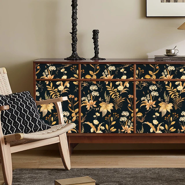 Alt view image 3 of 7 - Vintage Floral Peel and Stick Wallpaper 17.3" x 480" Black Gold Botanical Contact Paper, Removable Wall Paper, Renter Friendly, for Cabinets, Furniture, DIY Decor