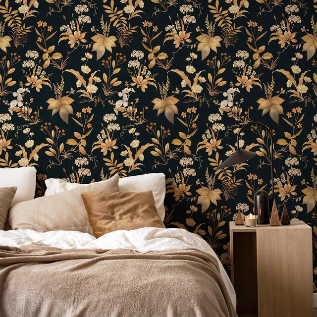 Alt view image 4 of 7 - Vintage Floral Peel and Stick Wallpaper 17.3" x 480" Black Gold Botanical Contact Paper, Removable Wall Paper, Renter Friendly, for Cabinets, Furniture, DIY Decor