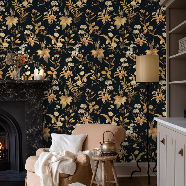 Alt view image 5 of 7 - Vintage Floral Peel and Stick Wallpaper 17.3" x 480" Black Gold Botanical Contact Paper, Removable Wall Paper, Renter Friendly, for Cabinets, Furniture, DIY Decor