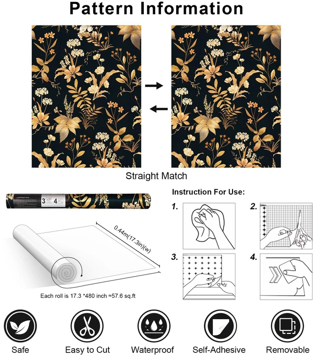 Alt view image 7 of 7 - Vintage Floral Peel and Stick Wallpaper 17.3" x 480" Black Gold Botanical Contact Paper, Removable Wall Paper, Renter Friendly, for Cabinets, Furniture, DIY Decor