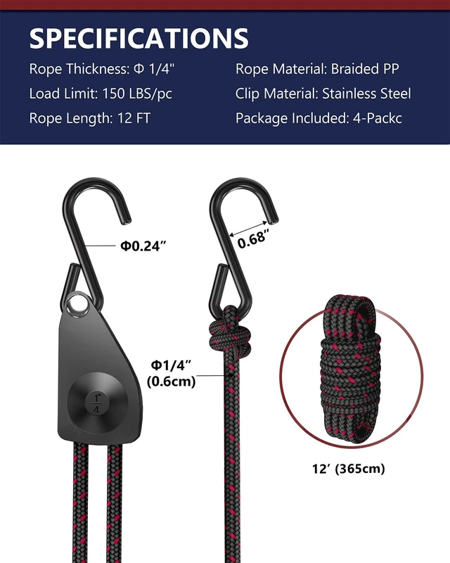 Alt view image 7 of 7 - Ratchet Tie Down Straps, 1/4" Adjustable Rope Hangers 4 Pack, 12FT Tie-Down Hanger Pulley System for Grow Lamp Heavy Duty Grow Light Rope Hanger for Kayak, Grow Light Fixtures Gardening
