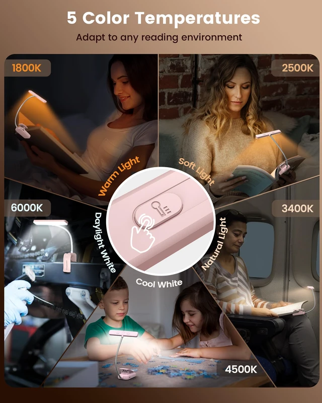 Alt view image 4 of 7 - 26 LED Reading Lights for Books in Bed, Ideal Gifts for Reader Rechargeable Book Light, Eye Caring 5 Amber Colors Stepless Dimming, Travel Lightweight Clip-on, Book Lovers Men Women Kids