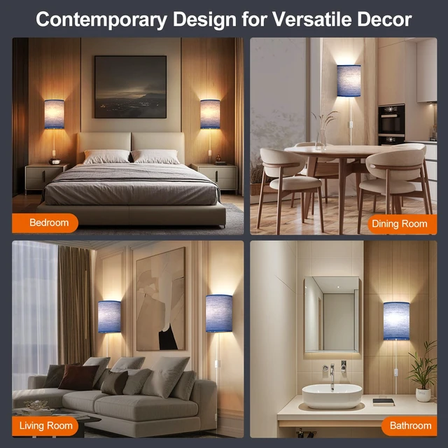 Alt view image 6 of 7 - Plug in Wall Sconces Set of Two Wall Lights with On/Off Switch Stepless Color Temperature Wall Lamps with Fabric Linen Shade for Bedroom Living Room & Hallway- Indoor Corded Wall Decor