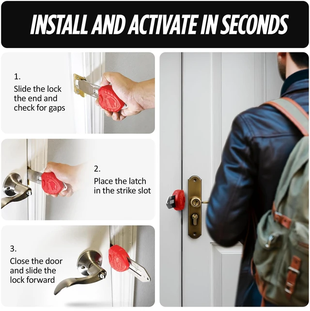 Alt view image 3 of 7 - Blocklock Portable Door Lock, Hotel Door Locks for Travelers Security, Tough & Durable, Apartment Door Security, Home Security, Travel Essentials (Red 1 Pack)