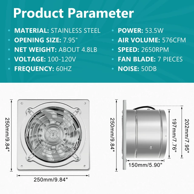 Alt view image 2 of 7 - 8 Inch Kitchen Exhaust Fan, 576CFM Metal Attic Exhaust Fan, Wall Mounted Garage Ventilation Fan, Basement Extractor Fans with Backdraft Damper for Home Office Commercial Use, Silver