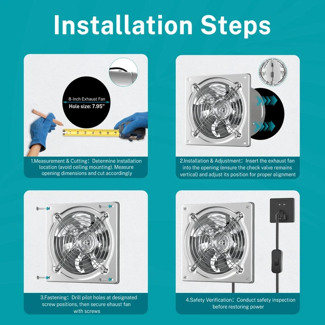 Alt view image 4 of 7 - 8 Inch Kitchen Exhaust Fan, 576CFM Metal Attic Exhaust Fan, Wall Mounted Garage Ventilation Fan, Basement Extractor Fans with Backdraft Damper for Home Office Commercial Use, Silver