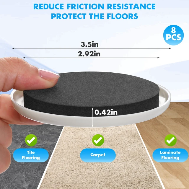 Alt view image 6 of 7 - 16-Pack Furniture Sliders for Hardwood Floors & Carpet, Save 80% Effort Safely and Easily, The Glide Tool Set for Heavy Furniture and Appliances, Reusable Moving Pads (8 Plastic & 8 Felt, 3.5" Slider)