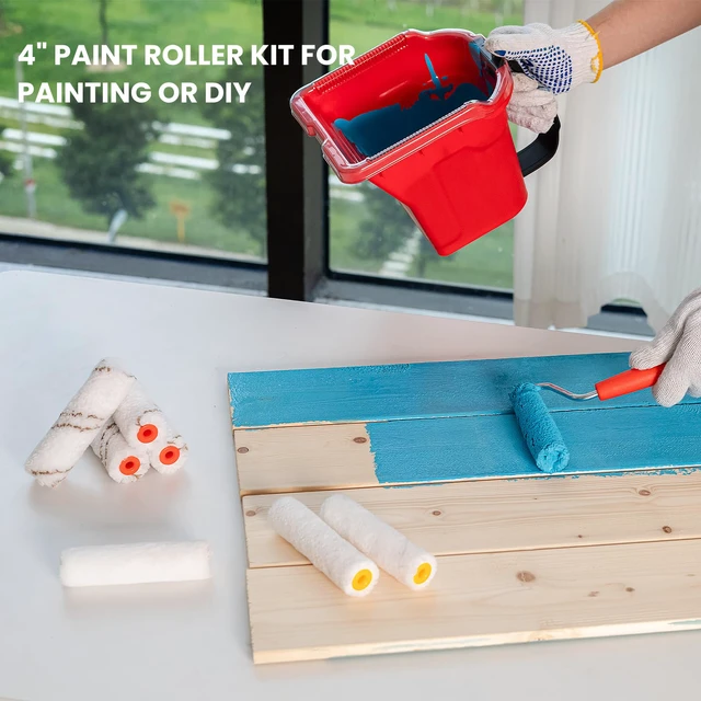 Alt view image 3 of 7 - Paint Roller 4 Inch, 14 Pack Small Paint Brush and Roller Kit 0.5 QT Paint Bucket Liner with Lid, Household Mini Rollers for Painting & DIY