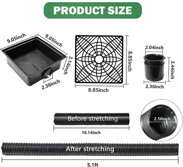 Alt view image 2 of 7 - Gutter Downspout Extensions,Catch Basin Low Profile Downspout Extender | No Deep Dig Catch Basin, Flexible Pipe Extension to 5.1ft, Protect House Foundation