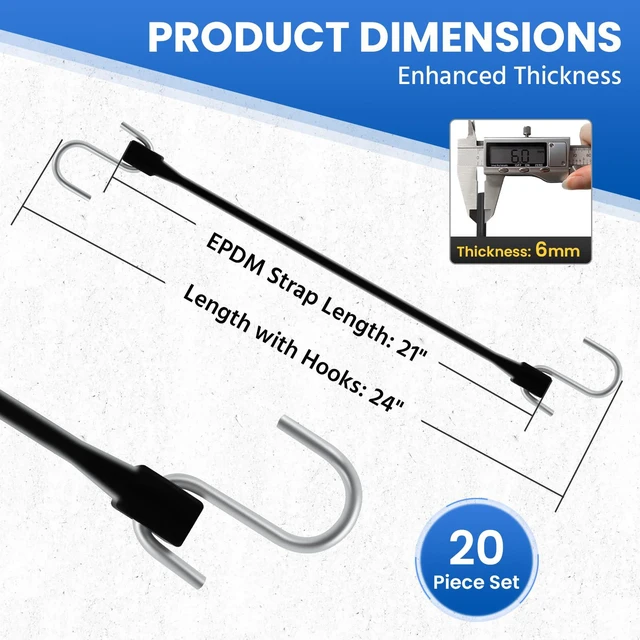 Alt view image 2 of 7 - 21" (20 Packs) Bungee Cords with Hooks Rubber Tarp Straps with 150% Max Stretch, 100% EPDM Bungee Cords with Metal Crimped S Hooks, Ideal for Securing Tarps, Cargo, Canvases, Weatherproof
