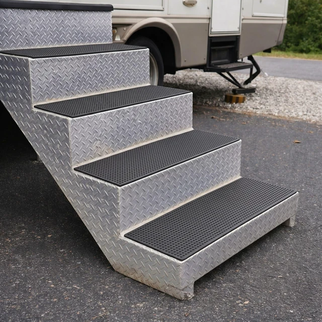 Alt view image 2 of 7 - Outdoor Rubber Stair Treads Dots Heavy-Duty Non-Slip Stair Mats Best Grip on Concrete, Brick & Textured Step Fastening Recommended for Wooden & RV Steps, Pack of 5
