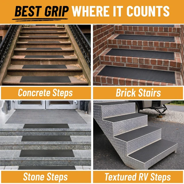 Alt view image 5 of 7 - Outdoor Rubber Stair Treads Dots Heavy-Duty Non-Slip Stair Mats Best Grip on Concrete, Brick & Textured Step Fastening Recommended for Wooden & RV Steps, Pack of 5